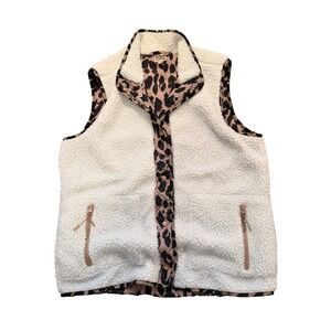 Como Vintage Sherpa Fleece Vest Womens Large White Leopard Print Trim Snap Front